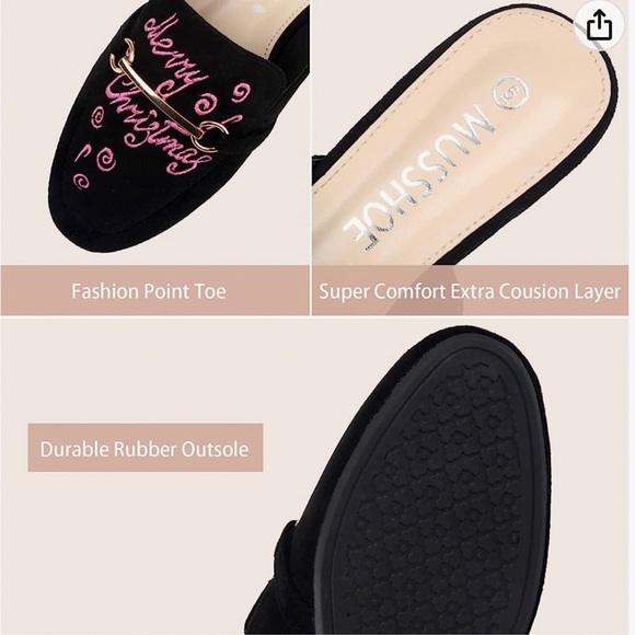 NWT MUSSHOE Merry Christmas Slip On Mules for Women Flats Black/Pink - Picture 12 of 14